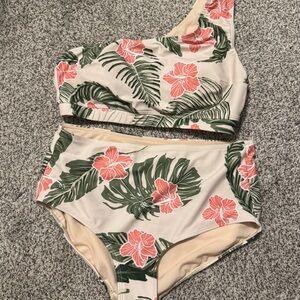 Albion Fit Floral One-Shoulder Bikini - Green and Pink